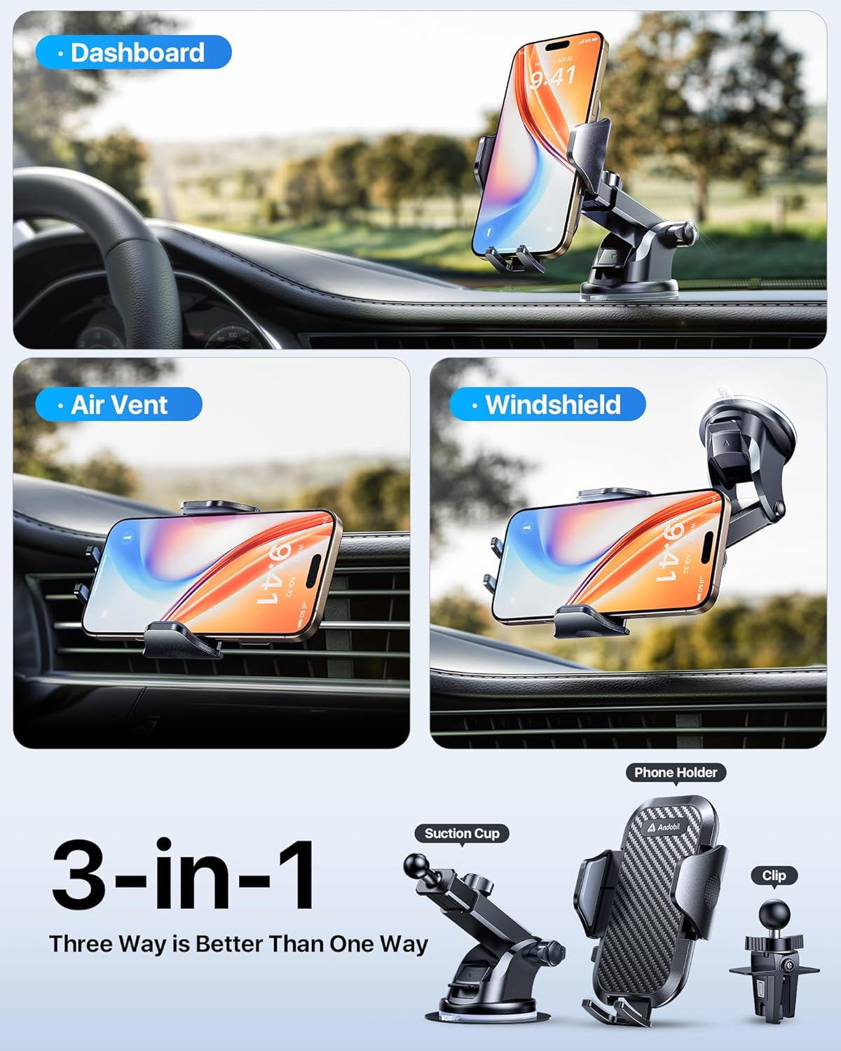 Car Phone Holder, 2025 Military-Grade 85Lbs Strongest Suction Phone Holders for Your Car Dashboard/Windshield/Vent Easy Clamp Cellphone Holder Truck Stand for Iphone 16 15 14 Pro Max Samsung