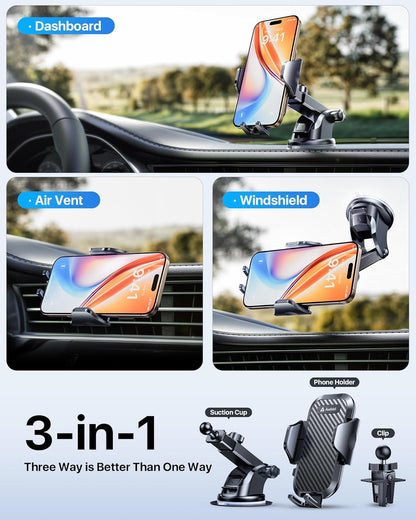 Car Phone Holder, 2025 Military-Grade 85Lbs Strongest Suction Phone Holders for Your Car Dashboard/Windshield/Vent Easy Clamp Cellphone Holder Truck Stand for Iphone 16 15 14 Pro Max Samsung