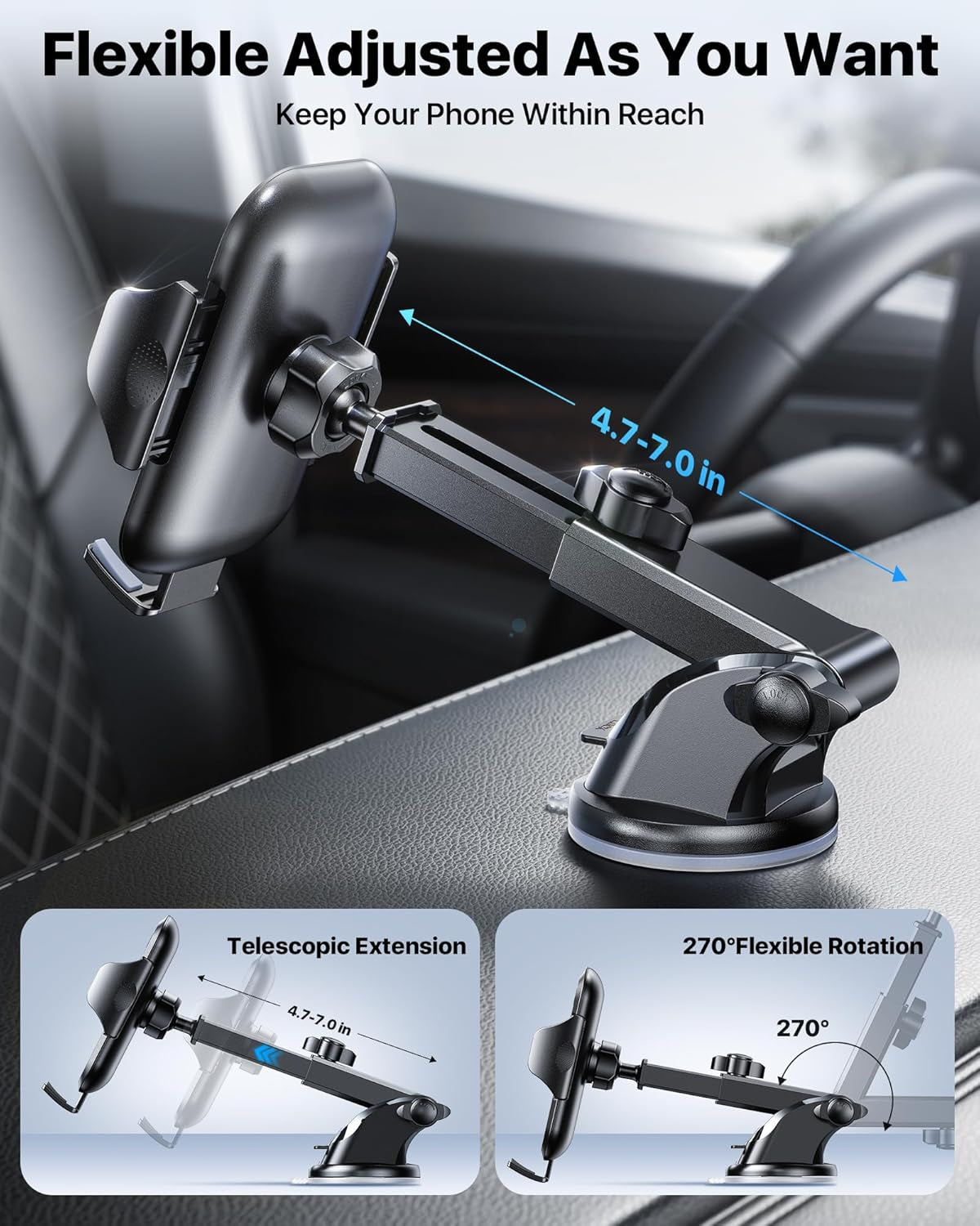 Car Phone Holder, 2025 Military-Grade 85Lbs Strongest Suction Phone Holders for Your Car Dashboard/Windshield/Vent Easy Clamp Cellphone Holder Truck Stand for Iphone 16 15 14 Pro Max Samsung