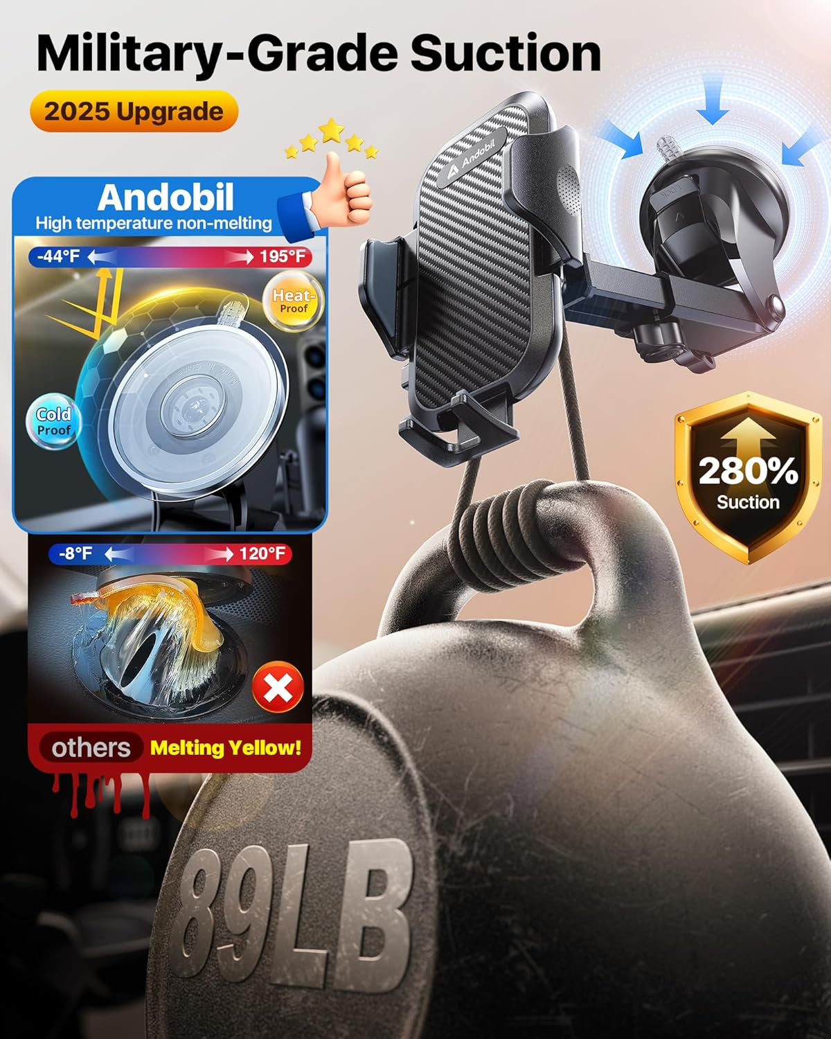 Car Phone Holder, 2025 Military-Grade 85Lbs Strongest Suction Phone Holders for Your Car Dashboard/Windshield/Vent Easy Clamp Cellphone Holder Truck Stand for Iphone 16 15 14 Pro Max Samsung